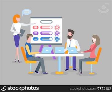 Teamwork, meeting and business plan discussion vector. Woman showing presentation and workers at laptops, cooperation and meeting, strategy development. Meeting and Business Plan Discussion, Teamwork
