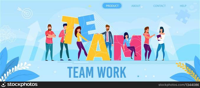 Teamwork Metaphor Landing Page in Flat Style. Cartoon Diverse Coworking Freelancers Characters Building Inspirational Word Team from Huge Letters. Vector Motivational Illustration with Foliage Design. Team Work Metaphor Landing Page in Flat Style