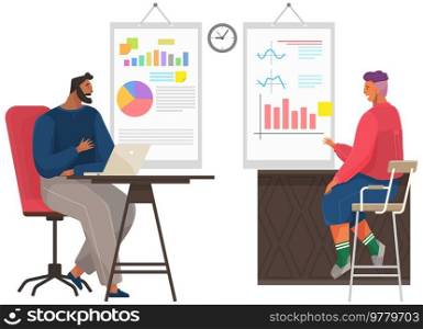 Teamwork, negotiations, brainstorming in office concept. Young business partners, office workers discussing projects statistics or startup development together. Work with statistics, data analysis. Work with statistics, data analysis. Business partners, office workers discuss statistical projects