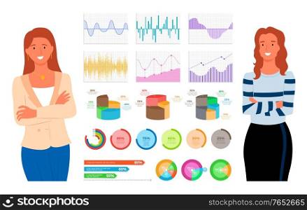 Teamwork of females vector, entrepreneurs with infocharts and analyzed data in visual format, smiling women wearing formal clothes, lady secretary. Infocharts and Statistics Visual Representation