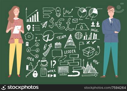Teamwork of man and woman vector, business analytics and stats, people with icons sketches. Confident person with infocharts and diagrams, lock and arrow. Woman and Man with Icons Drawn Sketches Set Vector