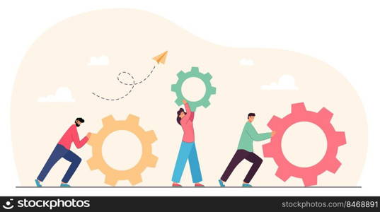 Teamwork of tiny people with gears and cogwheels. Team of partners working on upgrade, repair, improving skills and client service flat vector illustration. Business organization, cooperation concept. Teamwork of tiny people with gears and cogwheels