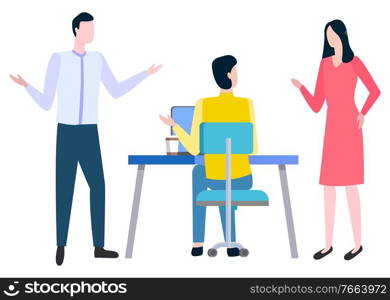 Teamwork or cooperation and business, men and woman vector. Office worker at desk with laptop and coffee cup, collaboration and consulting, colleagues. Business Teamwork or Cooperation, Men and Woman