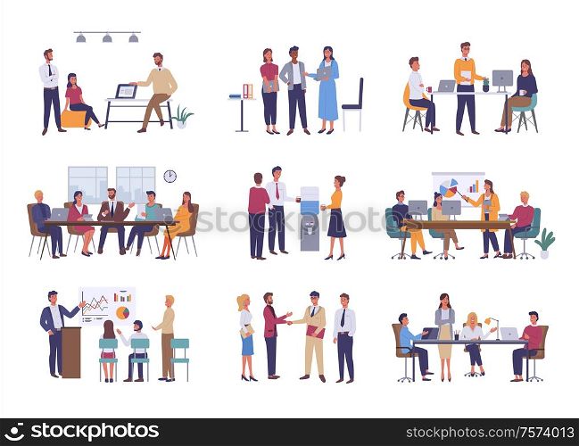 Teamwork or team building, office business meeting vector. Conference and brainstorming, annual report and statistics graphics, discussion and planning in flat style. Office Business Meeting, Teamwork or Team Building