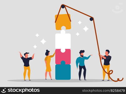 Teamwork, people building a puzzle together. Team play and work in the company together. Collaboration to solve the problem, support, partnership. Vector illustration