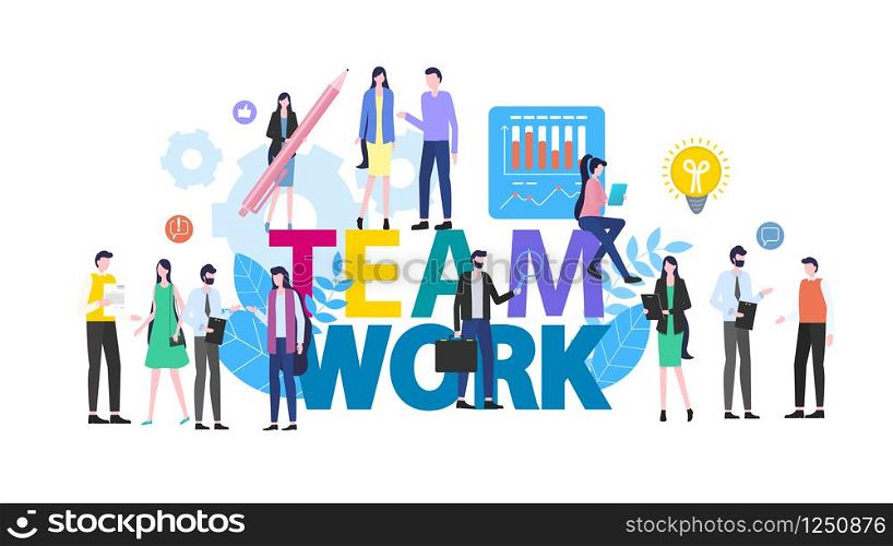 Teamwork People Man Woman Office Worker Vector Illustration. Male Female Employee Cartoon Character Business Company Collaboration Cooperation Conversation Meeting Project Discussion. Teamwork Cartoon People Man Woman Office Worker