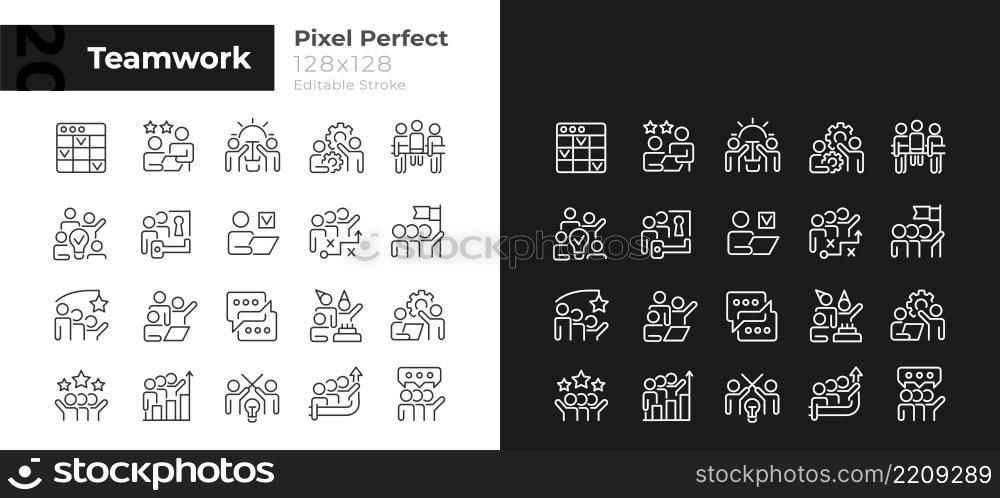 Teamwork pixel perfect linear icons set for dark, light mode. Cooperation on project. Collaboration for work goals. Thin line symbols for night, day theme. Isolated illustrations. Editable stroke. Teamwork pixel perfect linear icons set for dark, light mode