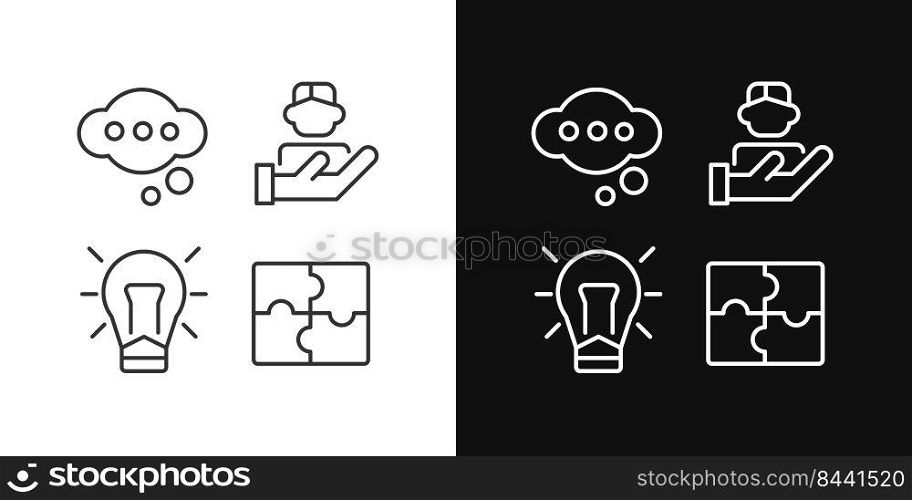 Teamwork pixel perfect linear icons set for dark, light mode. Healthy environment in workplace. Business development. Thin line symbols for night, day theme. Isolated illustrations. Editable stroke. Teamwork pixel perfect linear icons set for dark, light mode