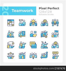 Teamwork pixel perfect RGB color icons set. Cooperation on project. Collaboration for work goals. Isolated vector illustrations. Simple filled line drawings collection. Editable stroke. Teamwork pixel perfect RGB color icons set
