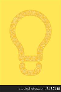 Teamwork pixel perfect shaped concept filled with editable linear icons. Team interaction. Lightbulb. Simple thin line symbols composition on yellow background. Vector outline drawing. Teamwork pixel perfect shaped concept filled with editable linear icons