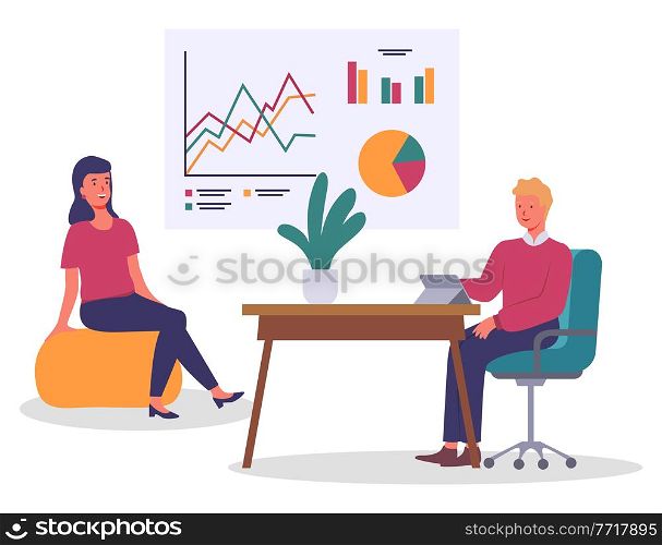 Teamwork process, office workers sitting at armchair and soft chair, working at project, plan, colleagues, man looking at screen of digital tablet, discussing, presentation with charts, graphics. Teamwork process, office workers sitting at armchair and soft chair, working at project, colleagues