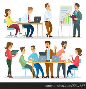 Teamwork, project management concept flat vector. Business people hold a general meeting in office, communicating. A team of women and men doing analysis and planning, financial reporting and strategy. Teamwork, project management concept. Business people hold a general meeting in office flat vector
