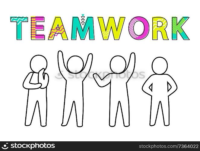 Teamwork promo banner with human characters sketch. People in brainstorming process, generate new ideas for business cartoon flat vector illustration.. Teamwork Promo Banner with Human Characters Sketch