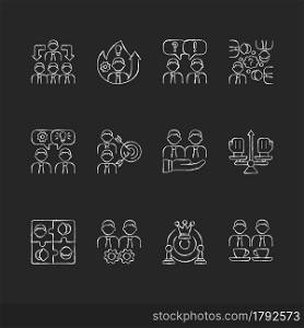 Teamwork related chalk white icons set on dark background. Common goals and its achivement. Business strategy. Team members coordination. Isolated vector chalkboard illustrations on black. Teamwork related chalk white icons set on dark background