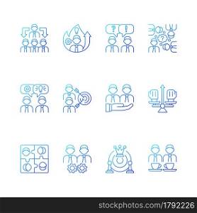 Teamwork related gradient linear vector icons set. Common goals and its achievement. Team members coordination. Thin line contour symbols bundle. Isolated vector outline illustrations collection. Teamwork related gradient linear vector icons set