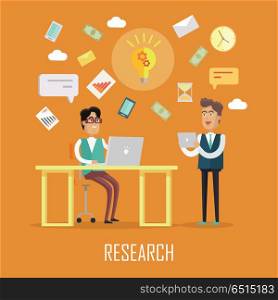 Teamwork Research Concept. Teamwork research concept. Two men with devices for communication on yellow background. Concepts for business, strategic management, finance, people teamwork, SEO technology. Flat vector illustration