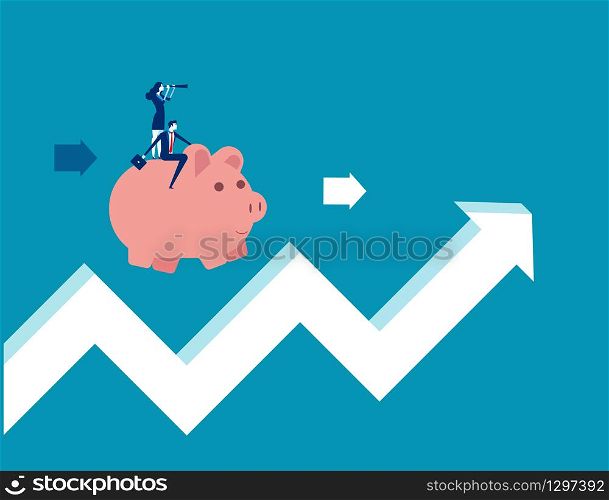 Teamwork riding piggy bank on arrow sign. Concept business vector illustration. Flat business cartoon, Financial, Economy, Character style.