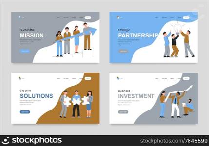 Teamwork set of horizontal banners with website elements clickable links buttons and human characters with icons vector illustration