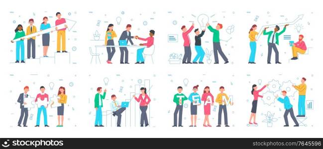 Teamwork set with isolated compositions of silhouette pictograms icons and doodle human characters of fellow workers vector illustration