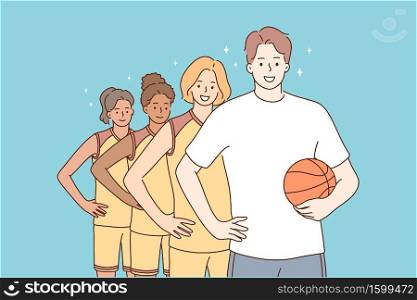 Teamwork, sport, basketball, portrait concept. Team of young happy smiling multiethnic women girls students teenagers players atheltes standing together with man guy coach character looking at camera.. Teamwork, sport, basketball, portrait concept