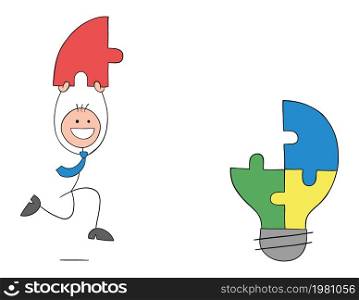 Teamwork, stickmen businessman carrying missing puzzle pieces of light bulb puzzle pieces. Hand drawn outline cartoon vector illustration.