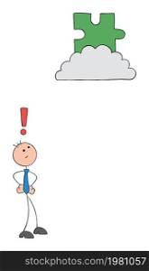 Teamwork, stickmen businessman looks at the missing puzzle piece on the cloud and is confused. Hand drawn outline cartoon vector illustration.