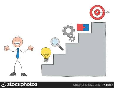 Teamwork, stickmen businessman with success stairs. Idea, research, work, teamwork and success. Hand drawn outline cartoon vector illustration.