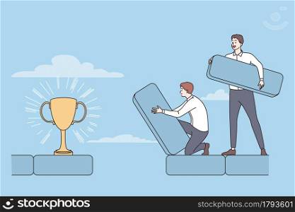 Teamwork, success, achieving goal concept. Two young smiling positive businessmen coworkers making route to golden trophy together as team vector illustration . Teamwork, success, achieving goal concept