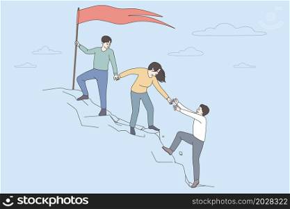 Teamwork, success and achievement concept. Group of Young coworkers helping each other to climb up mountain to reach red flag together vector illustration. Teamwork, success and achievement concept