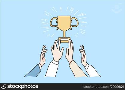 Teamwork, success and achievement concept. Hands of coworkers reaching for golden trophy for first place winners vector illustration . Teamwork, success and achievement concept