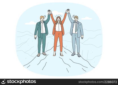 Teamwork success and Collaboration concept. Group of workers business team standing on top of mountain peak holding hands feeling successful together vector illustration . Teamwork success and Collaboration concept