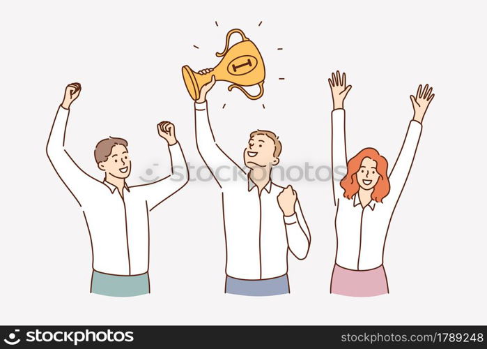 Teamwork, success, celebrating victory concept. Group of young smiling positive business people cartoon characters standing with raised hands holding golden trophy celebrating victory together . Teamwork, success, celebrating victory concept.