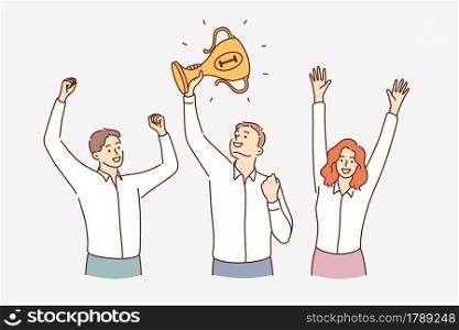 Teamwork, success, celebrating victory concept. Group of young smiling positive business people cartoon characters standing with raised hands holding golden trophy celebrating victory together . Teamwork, success, celebrating victory concept.