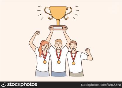 Teamwork, success, collaboration and winning concept. Group of young smiling happy people team standing in medals on necks holding golden trophy in hands vector illustration . Teamwork, success, collaboration and winning concept