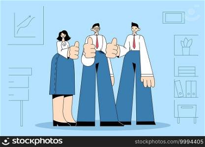 Teamwork, success, collaboration concept. Group of young positive business people workers standing together and showing thumbs up signs with fingers in office together in team vector illustration. Teamwork, success, collaboration concept