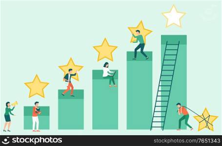 Teamwork success, get best services for business. Man and woman working, star symbol, employee reputation, rising steps with people, quality sign vector. Workers Business Service, Quality Symbol Vector