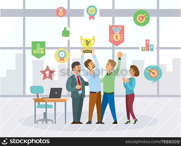 Teamwork success of colleagues standing in office, man and woman cooperation and win. Worker holding award, icons of target, goal and first place vector. People Collaboration and Success, Winners Vector