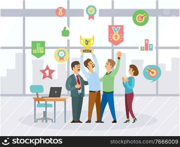 Teamwork success of colleagues standing in office, man and woman cooperation and win. Worker holding award, icons of target, goal and first place vector. People Collaboration and Success, Winners Vector