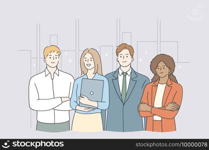 Teamwork, Success, office workers concept. Group of positive workers business people partners standing with laptop in office ready to achieve goals together showing professional skills and motivation . Teamwork, Success, office workers concept