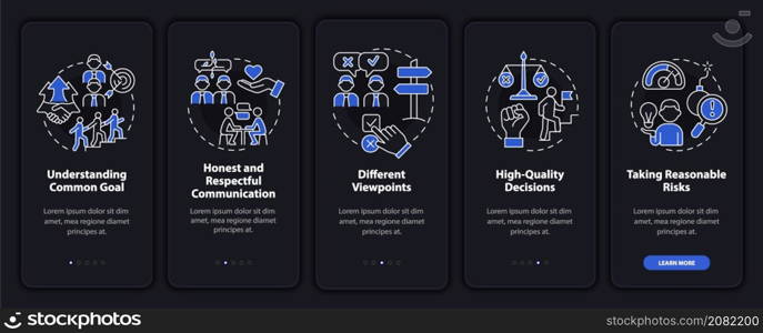 Teamwork tips night mode onboarding mobile app screen. Company work walkthrough 5 steps graphic instructions pages with linear concepts. UI, UX, GUI template. Myriad Pro-Bold, Regular fonts used. Teamwork tips night mode onboarding mobile app screen