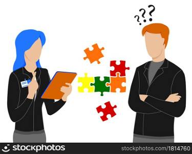 Teamwork. Two people solve puzzle, put jigsaw pieces together. Solving common problem by joint efforts. Work of people in team for common result. Vector