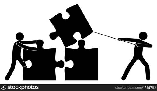 Teamwork. Two people, stick figure build together with puzzle pieces. Solving common problem by joint efforts. Work of people in team for common result. Vector