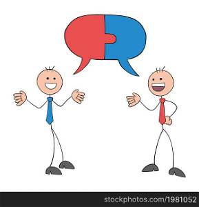 Teamwork, two stickmen businessmen talking with connected jigsaw puzzle pieces speech bubble. Hand drawn outline cartoon vector illustration.
