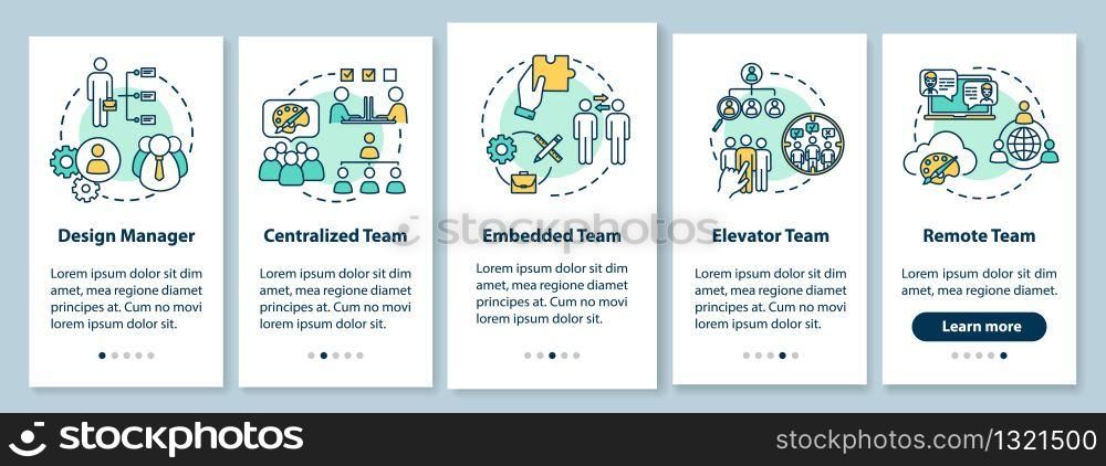 Teamwork types onboarding mobile app page screen with concepts. Collaborative work on project walkthrough 5 steps graphic instructions. UI vector template with RGB color illustrations