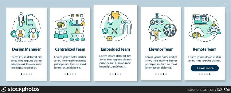 Teamwork types onboarding mobile app page screen with concepts. Collaborative work on project walkthrough 5 steps graphic instructions. UI vector template with RGB color illustrations