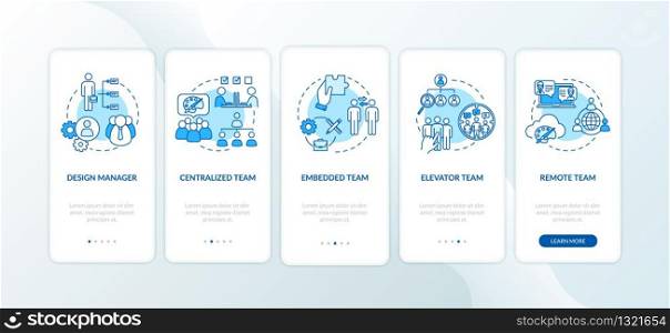 Teamwork types onboarding mobile app page screen with concepts set. Business partner. Assignment delegation walkthrough 5 steps graphic instructions. UI vector template with RGB color illustrations