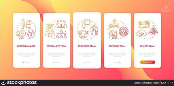 Teamwork types onboarding mobile app page screen with concepts set. Professional team. Entrepreneur work walkthrough 5 steps graphic instructions. UI vector template with RGB color illustrations