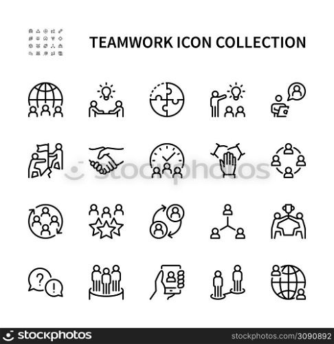 Teamwork vector linear icons set. Business management. Cooperation, group, meeting, trust, partnership, research and more. Isolated collection of team work icon for web sites on white background.. Teamwork vector line icons. Collection of business people icon on white background. Team work vector symbol set.