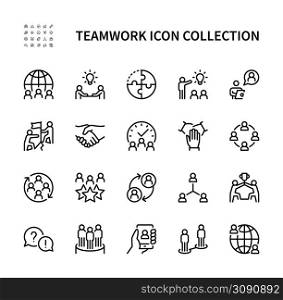 Teamwork vector linear icons set. Business management. Cooperation, group, meeting, trust, partnership, research and more. Isolated collection of team work icon for web sites on white background.. Teamwork vector line icons. Collection of business people icon on white background. Team work vector symbol set.