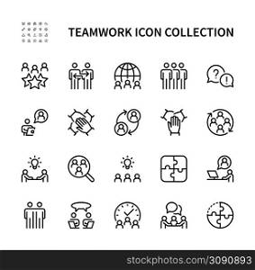 Teamwork vector linear icons set. Business people. Organization, meeting, partnership, collaboration, research and more. Isolated collection of team work icon for web sites on white background.. Teamwork vector line icons. Isolated collection of business people icon on white background. Teamwork business symbol vector set.